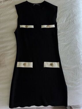 Zara Black Mini Dress with Ivory Trim and Gold Buttons